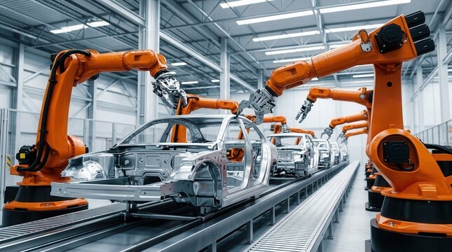 Advanced manufacturing technology featuring robots in a car production factory.