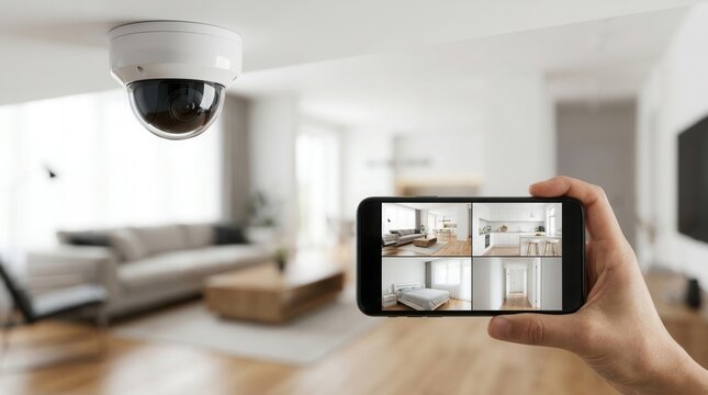 A hand holding a smartphone showing live surveillance footage from a security camera.