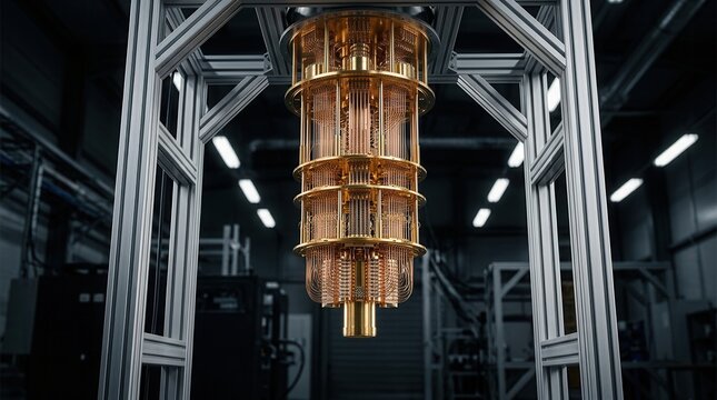 Intricate gold quantum computer device within a dark factory environment.