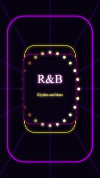 R&B neon symbol with colorful light bulbs and pulsing glow, rhythm and blues music event loop