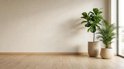 Fototapeta premium Minimalist Interior Background with Pot Plants on Wooden Floor and Empty Beige Wall