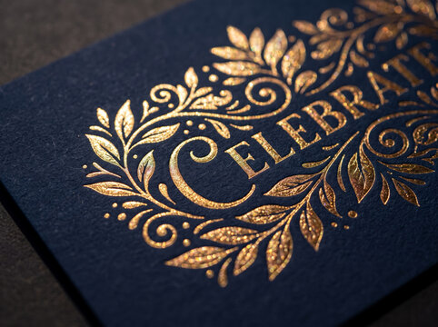Luxury navy blue greeting card with embossed gold foil floral lettering