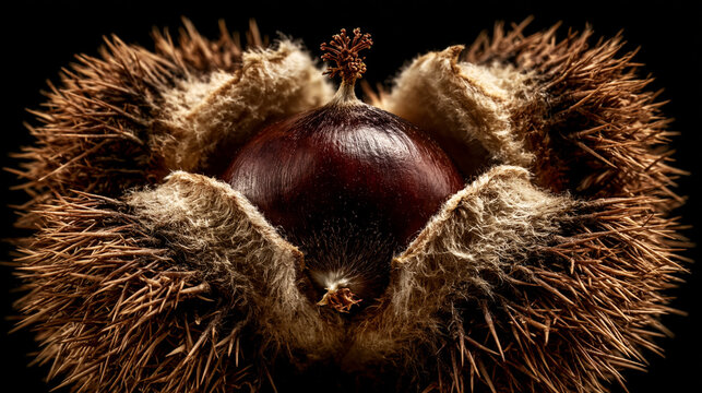 Single ripe chestnut resting inside its open prickly brown burr showcasing organic textures and intricate details against dark black background