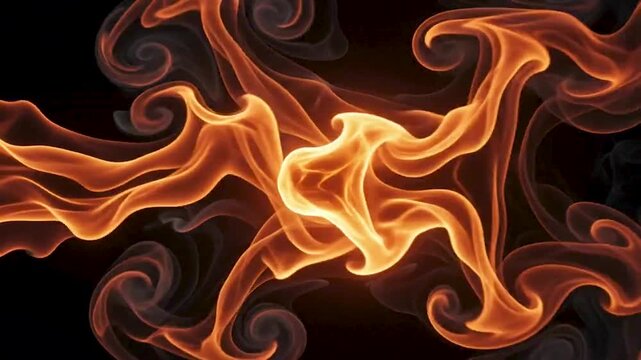 Abstract Flowing Orange Flames and Fiery Smoke on Black Background