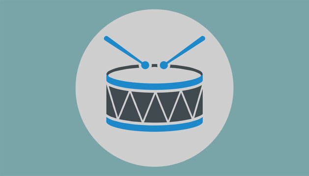 Snare drum icon with two blue drumsticks resting on top, displayed inside a gray circular frame on a teal background.