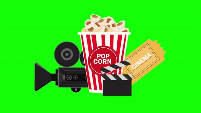 Cinema Entertainment Concept with Movie Camera, Film Reel, Popcorn, Clapperboard and Ticket
