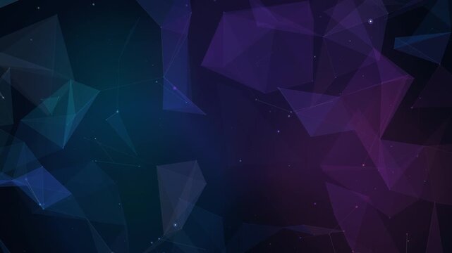 Abstract digital motion background displaying a purple and teal plexus network with geometric triangles and floating particles in a continuous loop.