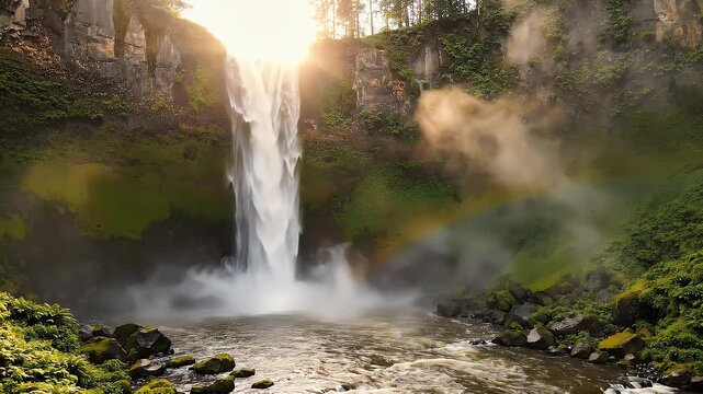 Waterfall cascades down a mossy volcanic rock wall as sunlight creates a glowing mist in the canyon.