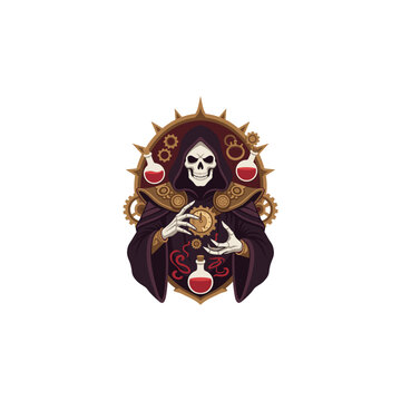 Steampunk alchemist lich vector featuring a skeleton sorcerer in a hooded robe brewing red potion flasks, surrounded by brass gears and a sunburst frame