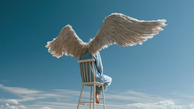 Angel wing dreamer person chair sky blue cloud, seated beneath oversized feathered wings 