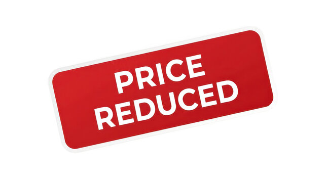 Red price reduced sign, rectangular label with white text isolated on transparent background