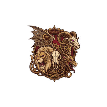 Steampunk clockwork chimera emblem featuring a roaring lion, horned ram skull, dragon head, bat wing, and intricate brass gears