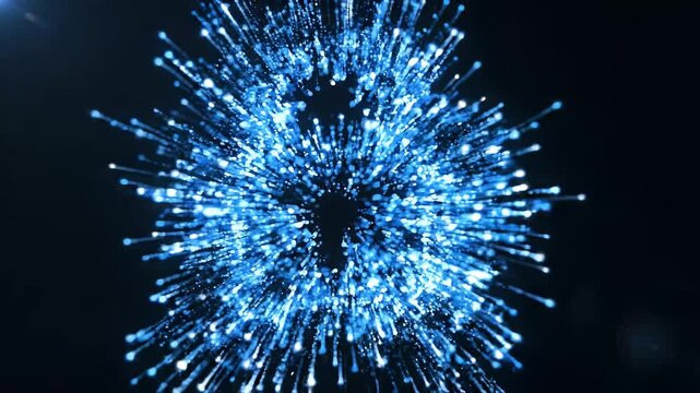 Abstract lock of blue light particles dissolving and exploding in cyber space representing data breach and digital decryption