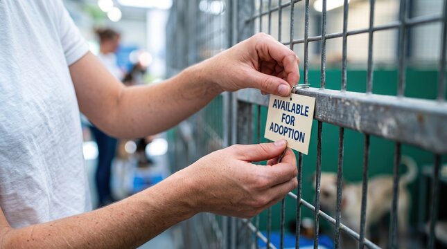 Caring volunteer placing an adoption sign on a kennel cage at an animal shelter