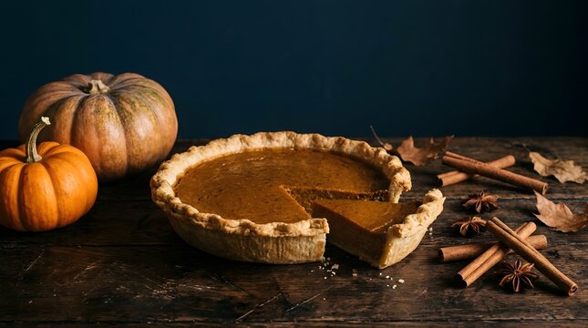 A whole pumpkin pie with a slice cut out, placed on a rustic wooden table with pumpkins, cinnamon sticks, and star anise in a cozy autumn setting