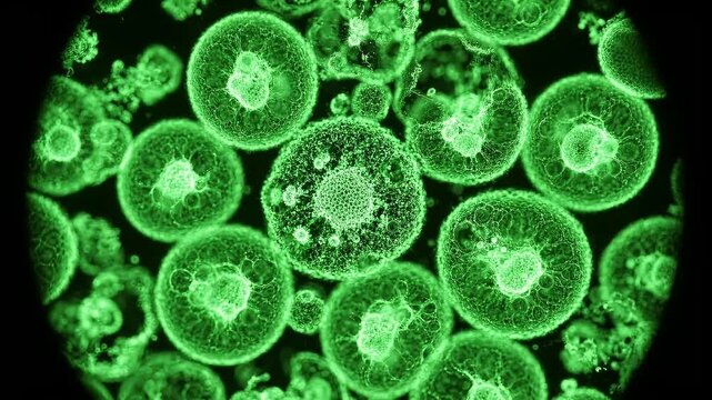 Microscopic view of cellular organisms multiplying in a green fluorescent culture for biological research