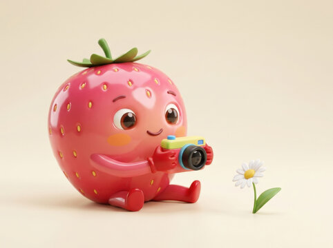 Cute cartoon strawberry character holding vintage yellow camera taking photos of white flower for creative design projects.