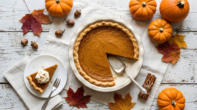 Top view of a pumpkin pie with a slice served on a plate, surrounded by autumn leaves, pumpkins, and cinnamon sticks on a white wooden table