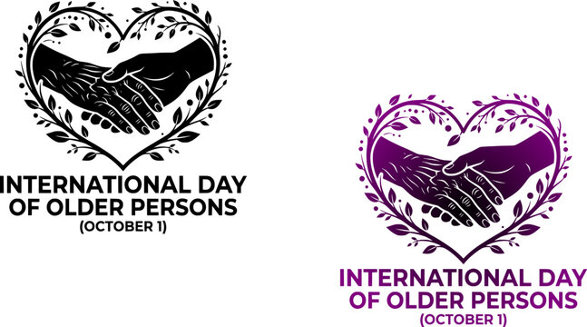 International Day of Older Persons October 1 holding hands heart leaves wreath senior support black and purple gradient set vector isolated on white background