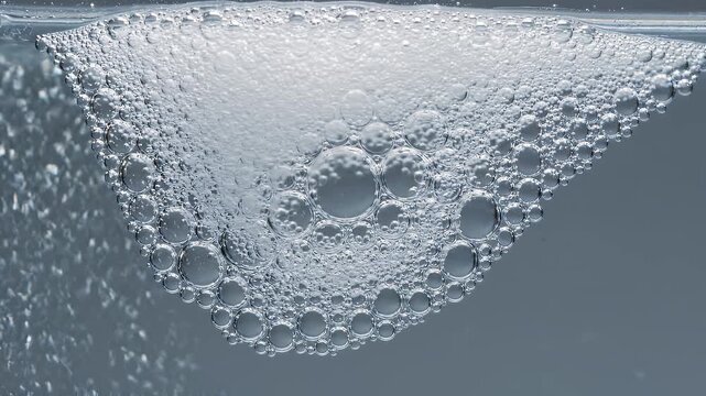 Bubbles form a dense layer of foam on the surface of a clear liquid inside a glass container.