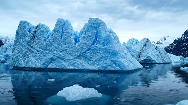 Majestic blue icebergs, arctic ice, glacial landscape, natures cold water spectacle, antarctic beauty, frozen blue ice, awe inspiring, calm water, dramatic sky, raw nature, reflective ice