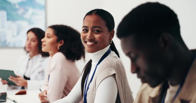 Face, woman and smile in business workshop for staff training, employee education and upskill. Office, person and happy in seminar for workplace learning, professional development and career growth