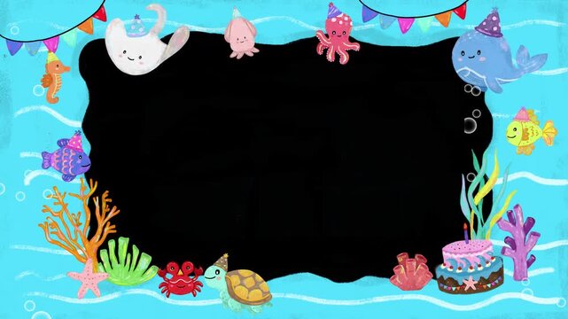 Cute colorful sea animals watercolor crayon happy birthday cake balloons kids hand drawn illustration border frame background element 4k video animation