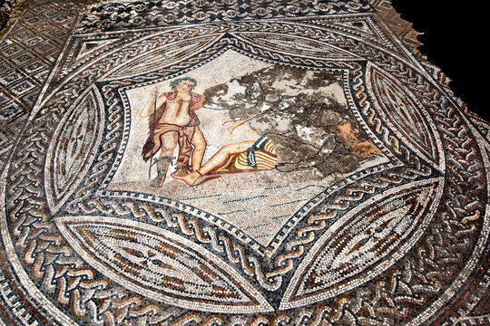 The Mosaic of Bacchus encountering the sleeping Ariadne from the House of the Ephebe at the ancient site of Volubilis in Morocco. Volubilis was the ancient capital of the Roman province of Mauritania.