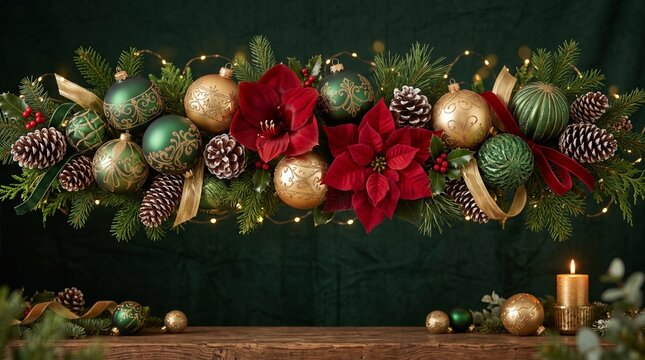 Christmas garland with red poinsettia and golden baubles over a wooden table
