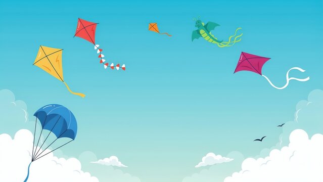 Colorful kites flying in a clear blue sky with fluffy clouds