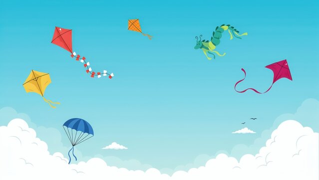 Colorful kites and parachute flying in a sky with fluffy clouds