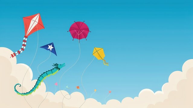 Colorful kites flying with a dragon silhouette against clouds