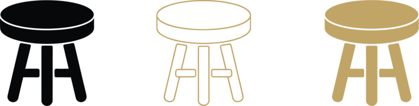 Three legged stool icon featuring simple furniture design, wooden seat, stable structure, home decor, and editable vector illustration.