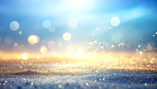 Ethereal dreamlike background with glowing golden sparkles and soft blue bokeh light effects