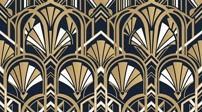 Art deco geometric seamless pattern with green and black fan shapes