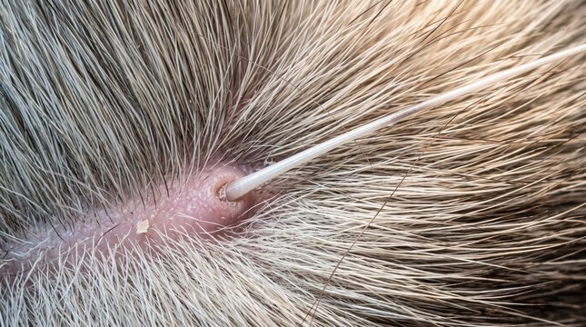 Extreme macro abstract of layered silver cat guard hairs crimped undercoat and a single whisker blazing from its follicle dimple in raking light, representing pet fur texture background concept
