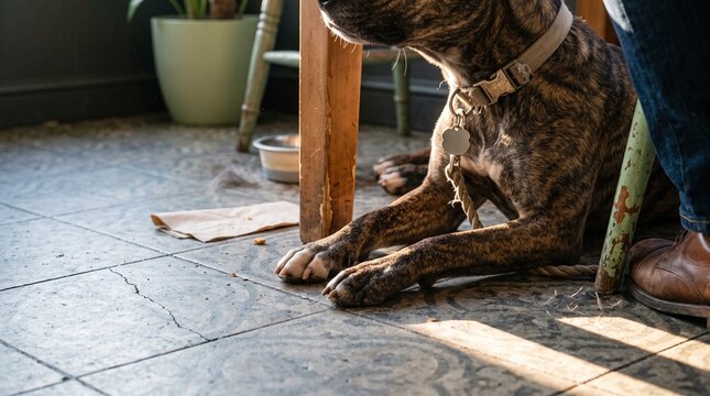 Floor level view of a brindle dog resting under a scuffed cafe table beside a limescaled water bowl with hard sun bars across worn tiles, representing pet friendly hospitality lifestyle concept
