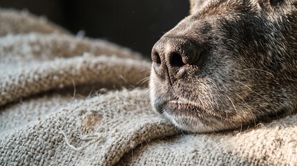 Obraz premium Extreme close up of a senior dogs greying muzzle with scattered white hairs a dry cracked nose and bent whiskers on pilled wool in warm raking light, representing festive senior pet care concept