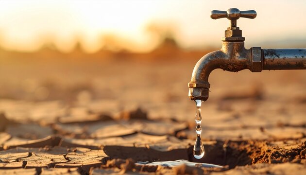 Water faucet dripping a single drop onto cracked parched earth during sunset representing drought and global water scarcity