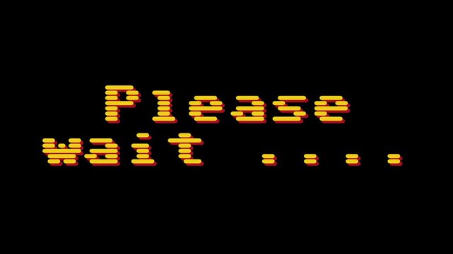Pixelated retro computer game loading screen with text that says \"Please wait\" and dots indicating progress on a black background, vintage aesthetic