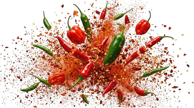 Explosion of assorted green and red chili peppers and paprika powder isolated on transparent background