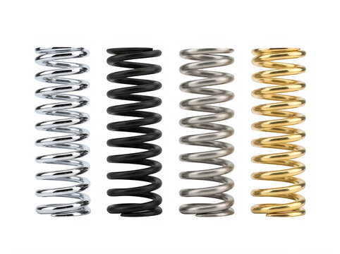 Four different colored metal coil springs arranged in a row isolated on transparent background