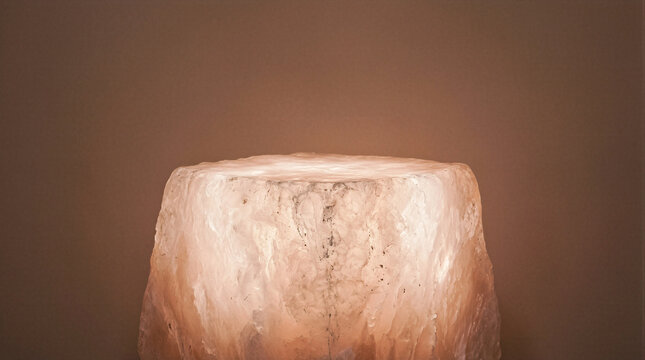 Himalayan salt podium glowing softly against a warm neutral background for product display