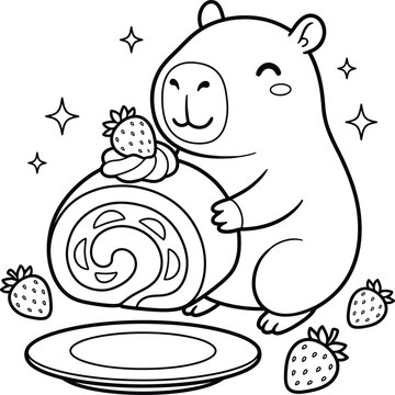 Cute Kawaii Capybara with Strawberry Roll Cake Dessert Coloring Page for Kids, Sweet Animal Line Art Vector Illustration for Coloring Book