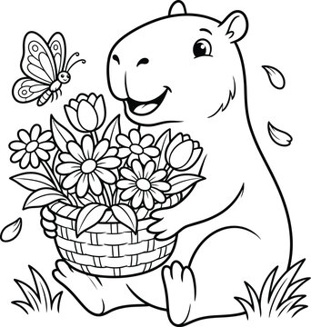 Cute Capybara Holding Flower Basket Coloring Page for Kids, Floral Animal Theme Line Art Vector Illustration for Printable Coloring Book