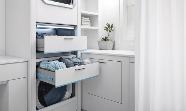 Laundry system organizer Modern laundry room featuring intelligent sorting bins and built-in washing machine for efficient home management