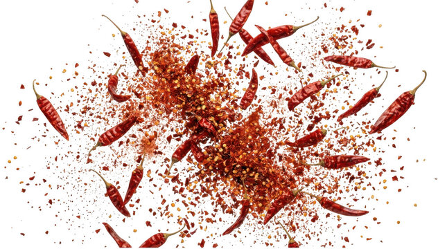 Explosion of dried red chili peppers and flakes isolated on transparent background