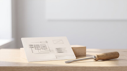 Obraz premium Repair card with diagram and wooden handled screwdriver on desk