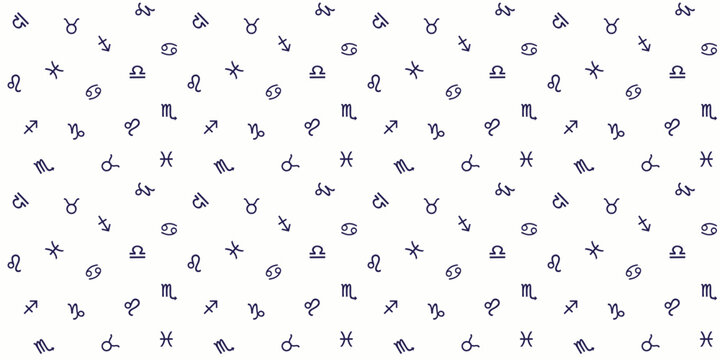Zodiac signs astrology symbols seamless pattern with celestial constellations and horoscope icons in dark blue.