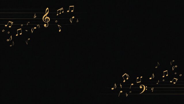 Floating golden musical notes and treble clef on dark background
